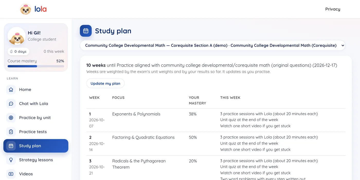 Study plan for a demo community college student: 10 weeks to the final exam, with a weekly focus such as exponents and polynomials, the student's mastery, and about three 20-minute practice sessions with Lola each week