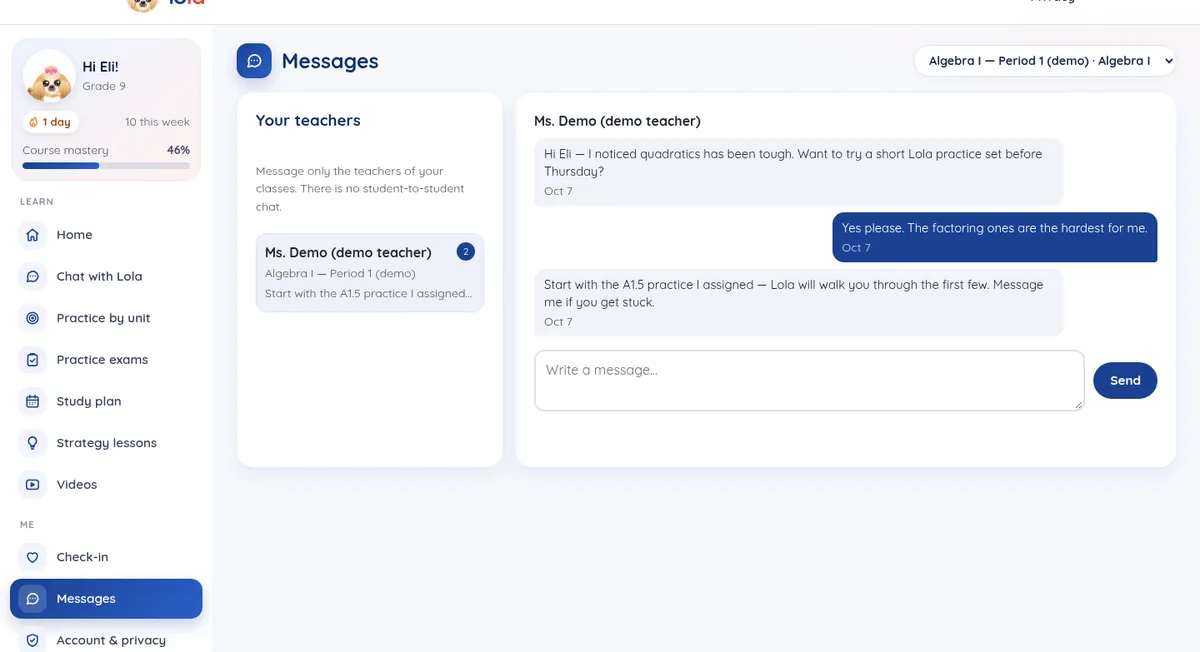 Student Messages in the Lola Math portal: a conversation with a teacher about homework help